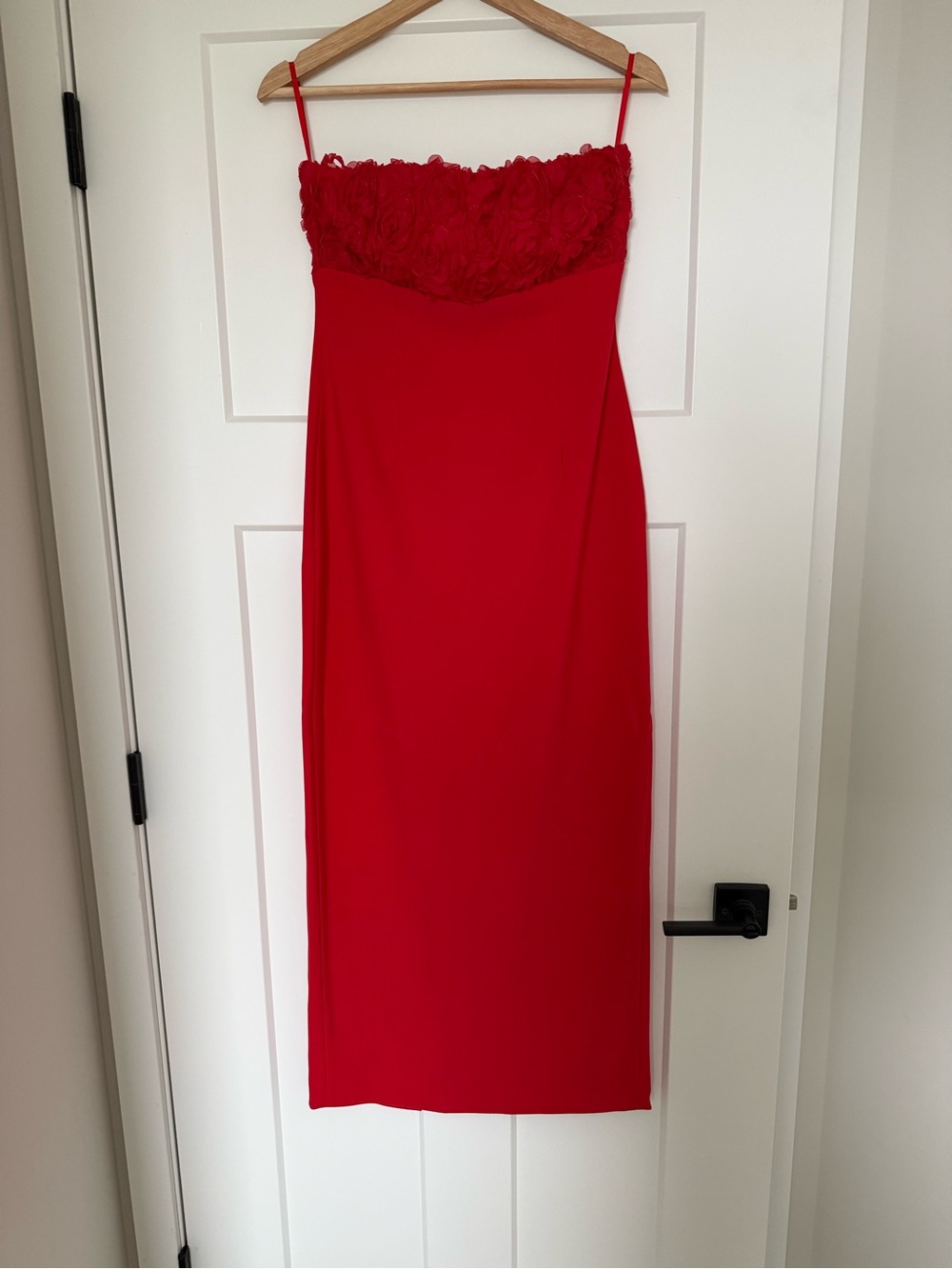 Away Red Spaghetti Strap Midi Dress with Lace Bodice
